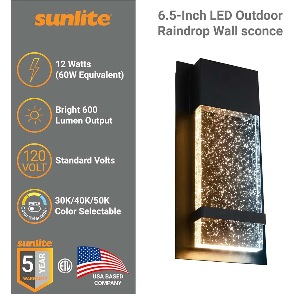 Sunlite 6.5-In 12w LED Raindrop Outdoor Wall Sconce Fixture CCT Selectable 120V - Image 3