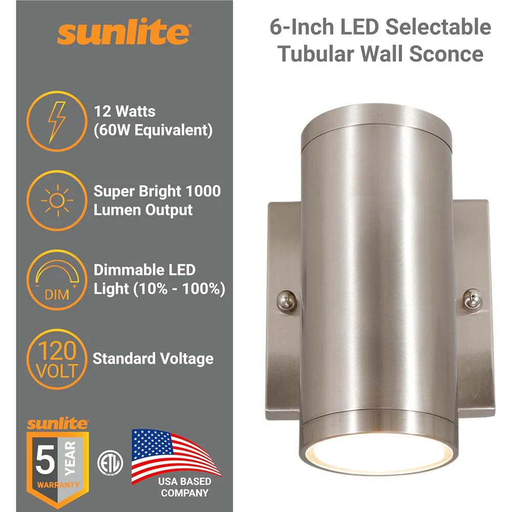 Sunlite 6-In 12w LED Tubular Up/Down Wall Sconce Fixture CCT Selectable Dimmable - Image 3