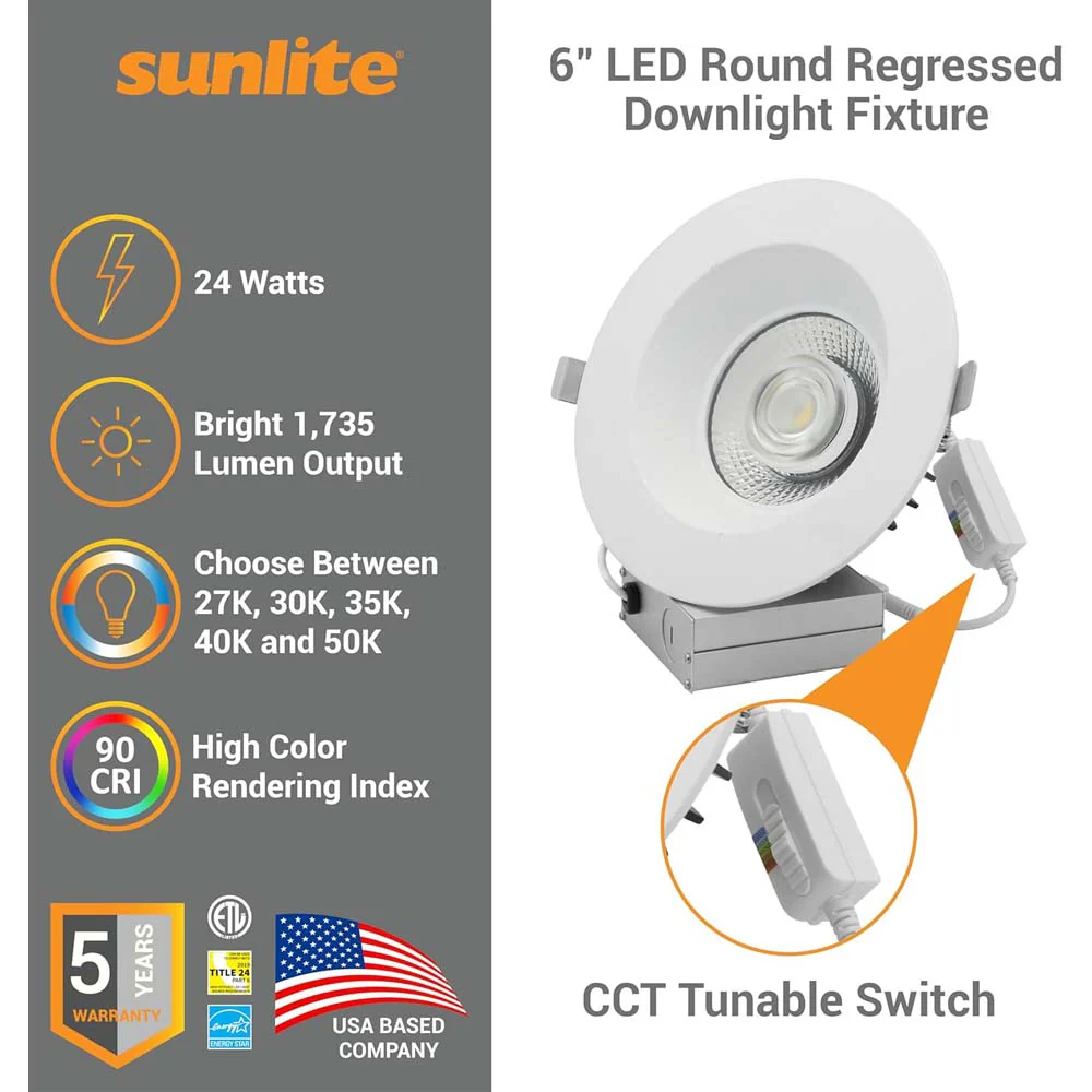Sunlite 6-In 24w LED Round Regressed Downlight Fixture CCT Selectable Dimmable - Image 3
