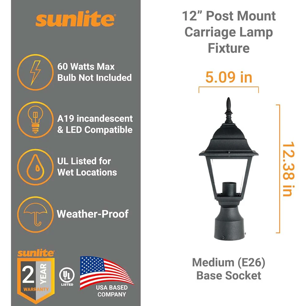 Sunlite 60w A19 3-in Outdoor Post Mounted Carriage Lamp Fixture E26 Base 120v - Image 2
