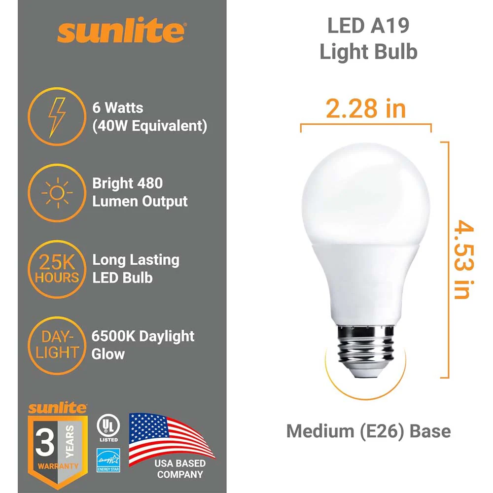 Sunlite 6w A19 LED 480Lm 120v Dimmable E26 Base 6500K Daylight Bulb - 40w equiv - Image 2
