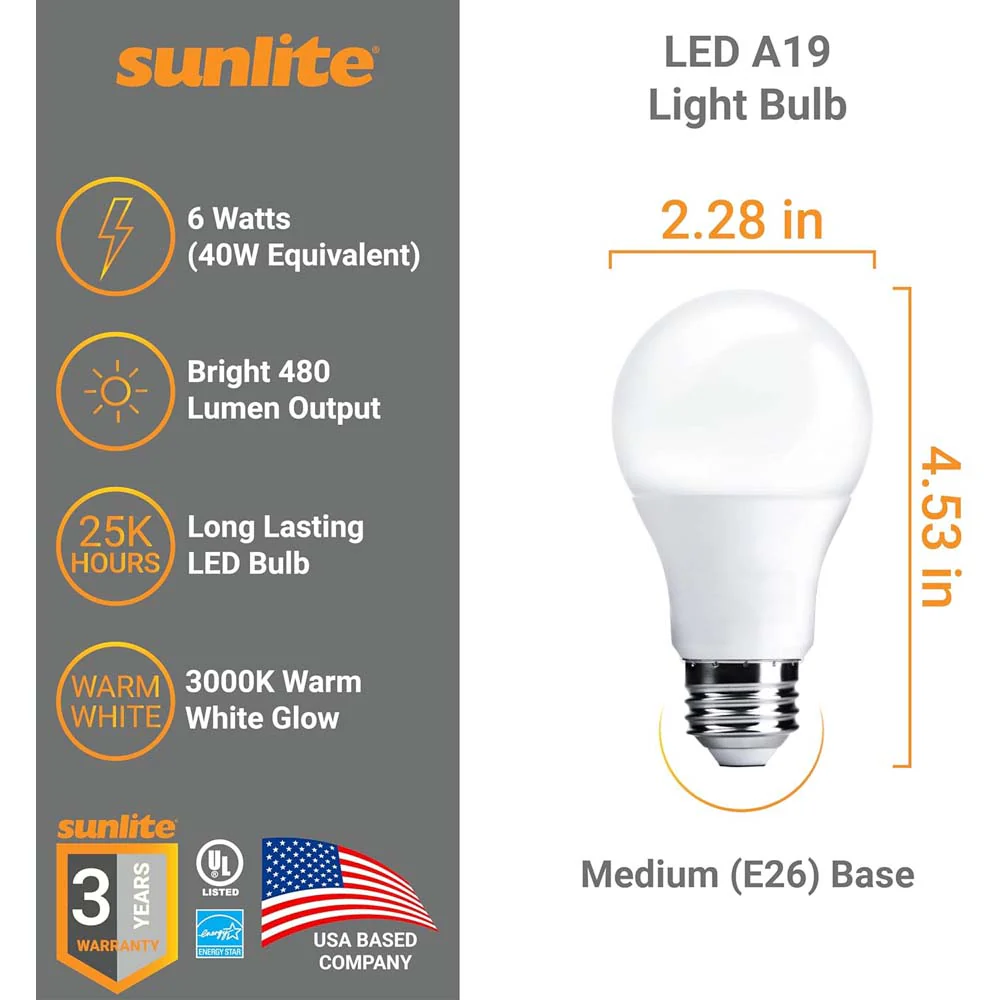 Sunlite 6w A19 LED 480Lm 120v Dimmable E26 Medium Base 3000K Bulb - 40w equiv - Image 2
