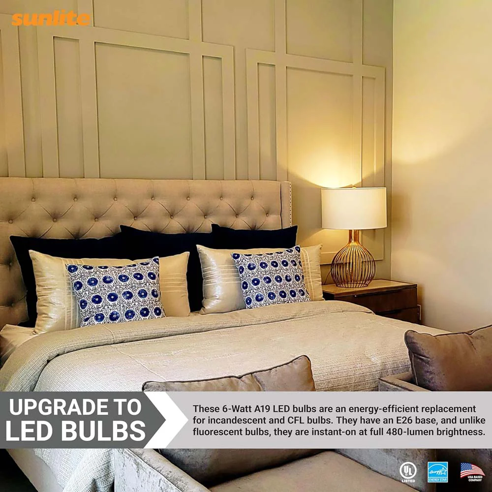 Sunlite 6w A19 LED 480Lm 120v Dimmable E26 Medium Base 3000K Bulb - 40w equiv - Image 4