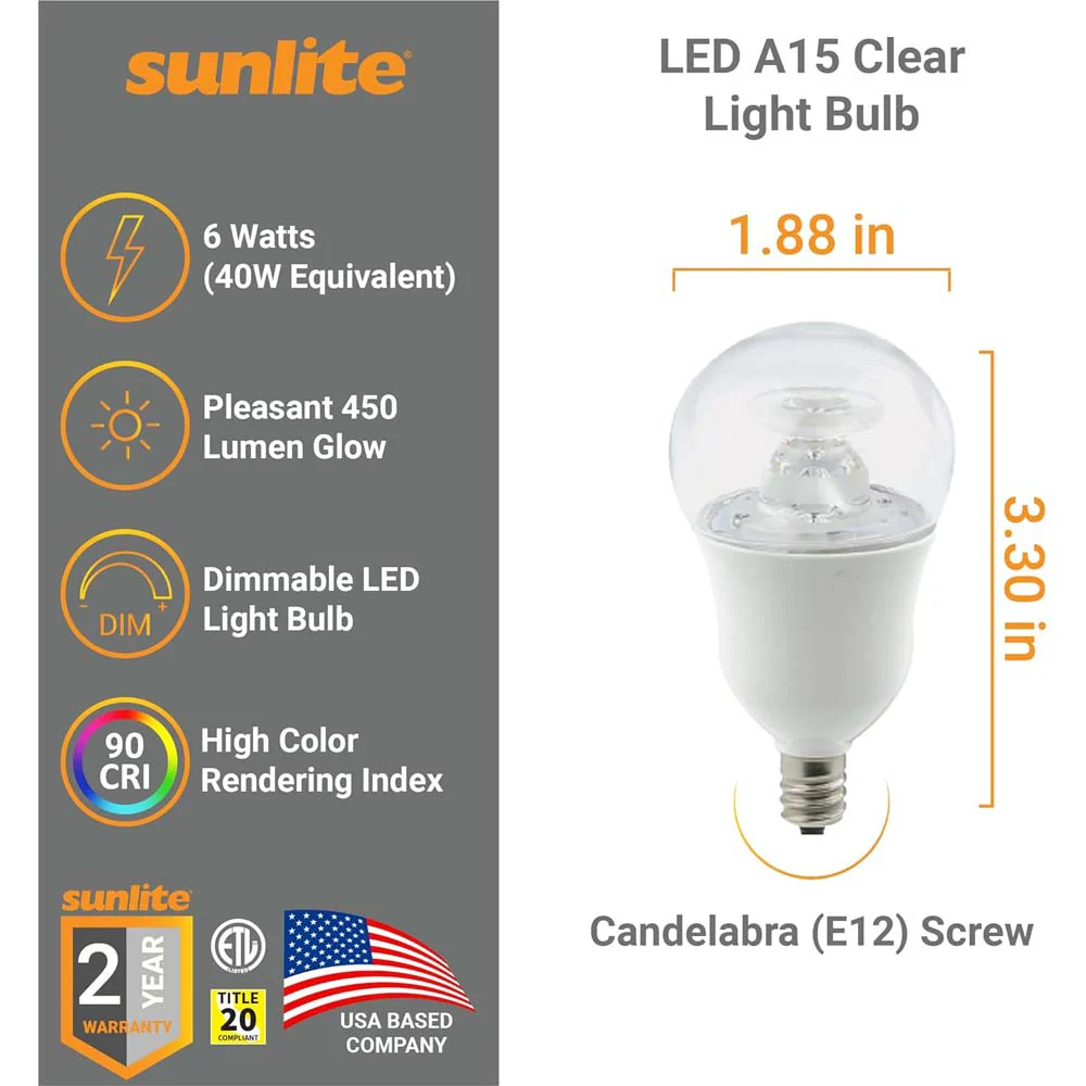 Sunlite 6w LED A15 Appliance Ceiling Fan E12 Base 3000K Bulb - 40W Equiv - Image 2
