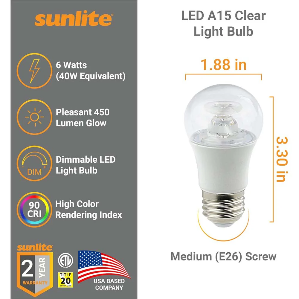 Sunlite 6w LED A15 Ceiling Fan Clear E26 Base 4000K Bulb - 40W Equiv - Image 2