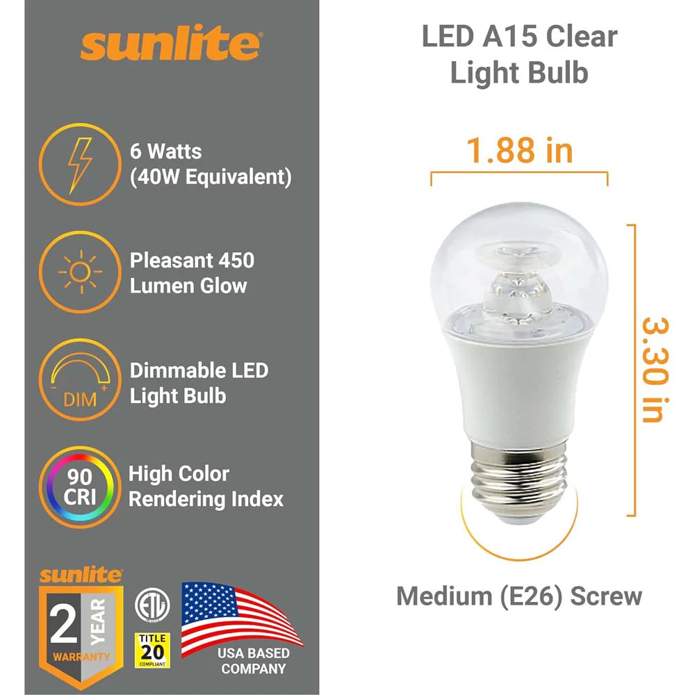 Sunlite 6w LED A15 Ceiling Fan Clear E26 Base 5000K Bulb - 40W Equiv - Image 2