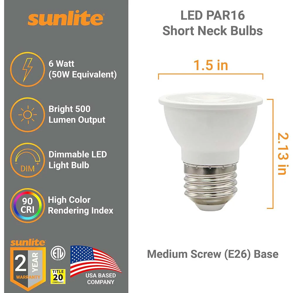 Sunlite 6w LED PAR16 Short Neck Recessed E26 2700K Flood Bulb - 50W Equiv - Image 3