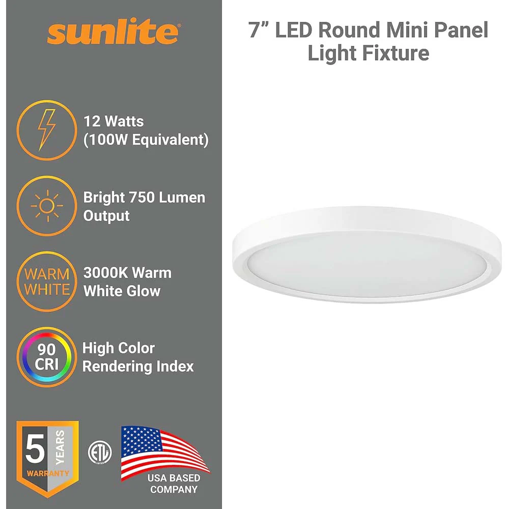 Sunlite 7-In 12w LED Round Mini Panel Fixture 3000K Dimmable 120v - 100w equiv - Image 3