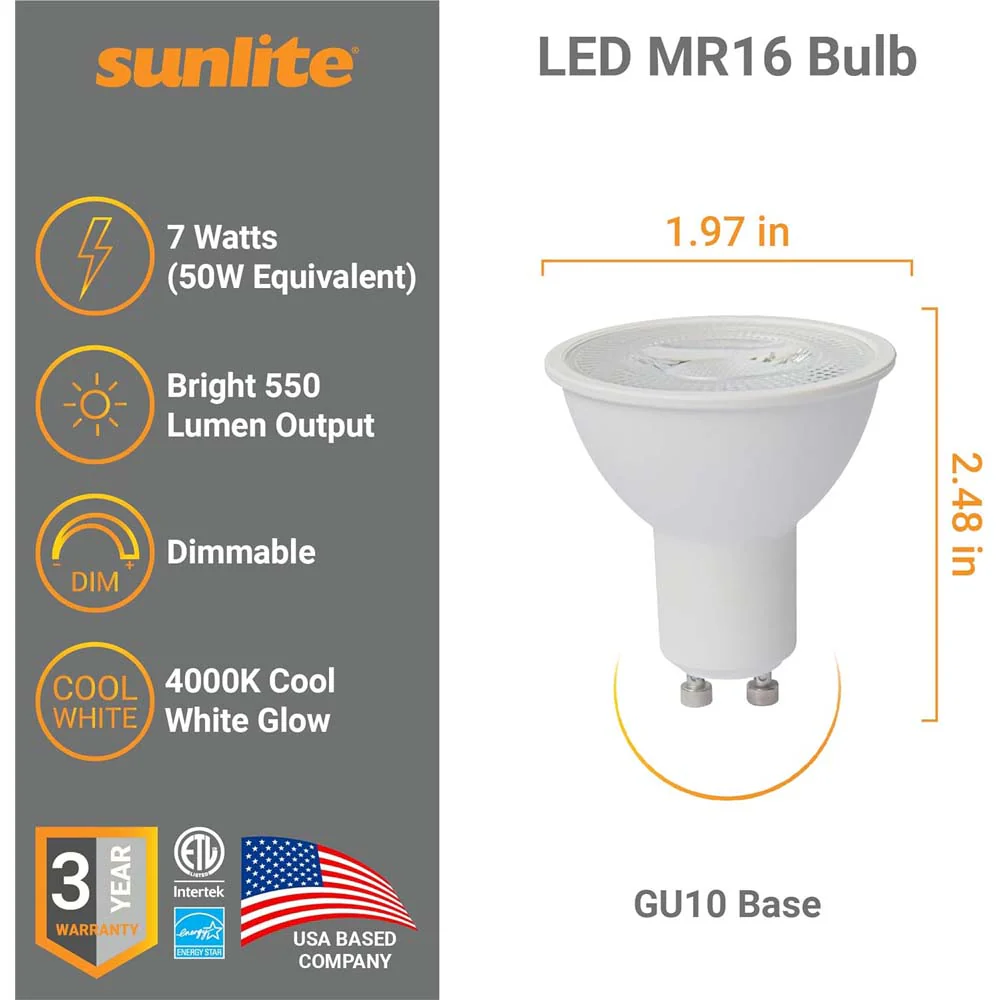 Sunlite 7w 120v LED MR16 GU10 Base 4000K Spot Bulb - 50W Equiv - Image 2