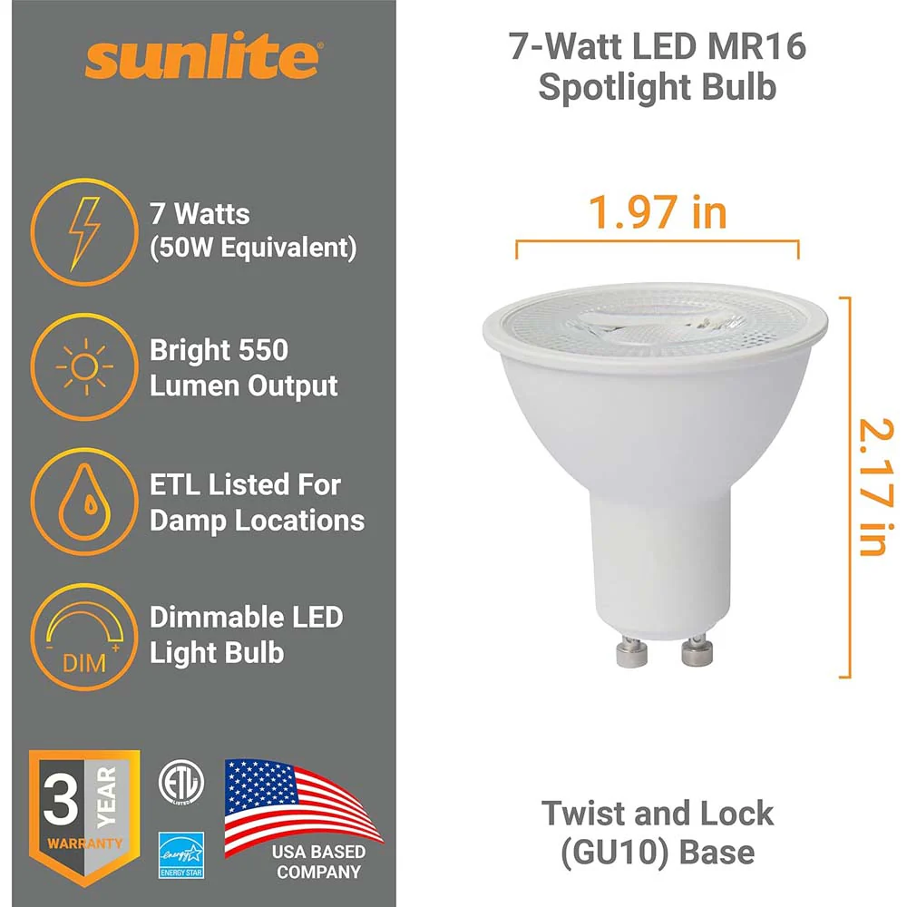 Sunlite 7w 120v LED MR16 GU10 Base 6500K Spot Bulb - 50W Equiv - Image 2