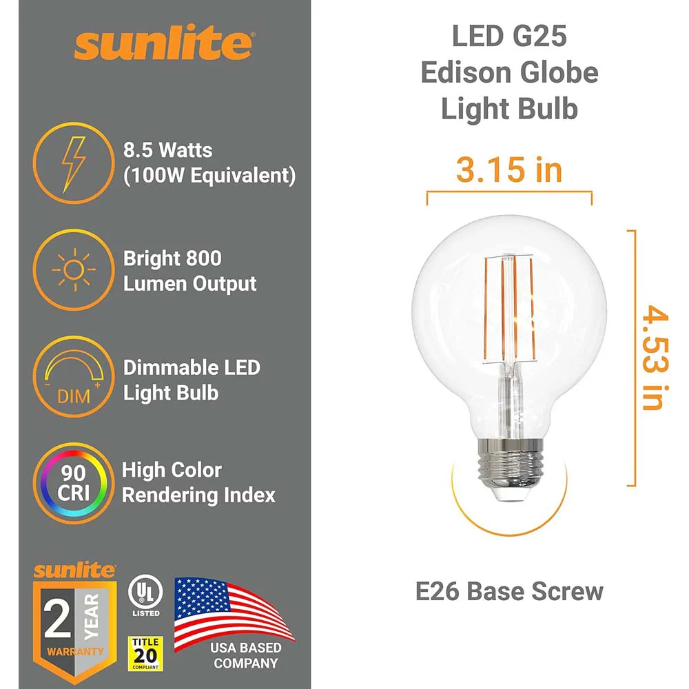 Sunlite 8.5w 120v LED G25 Globe Antique E26 Base 2700K Bulb - 100w Equiv - Image 2