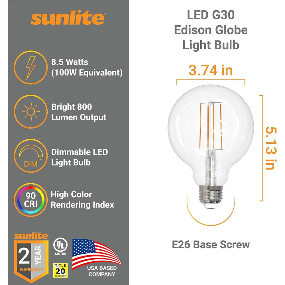 Sunlite 8.5w LED G30 Edison Globe Clear E26 Base 2700K Bulb - 100W Equiv - Image 2