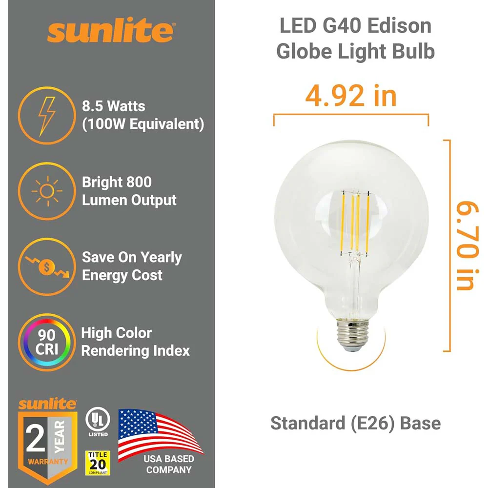 Sunlite 8.5w LED G40 Edison Globe Amber E26 Base 2200K Bulb - 100W Equiv - Image 2