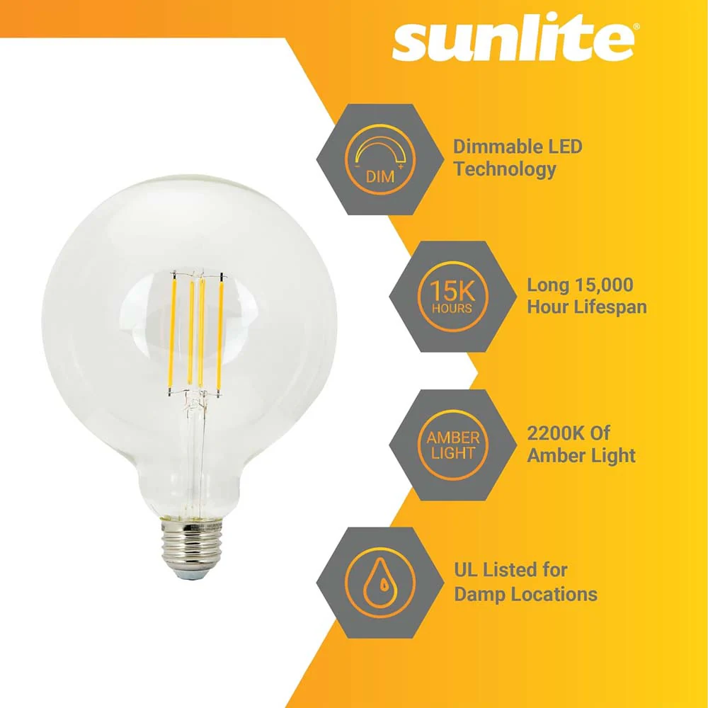 Sunlite 8.5w LED G40 Edison Globe Amber E26 Base 2200K Bulb - 100W Equiv - Image 3