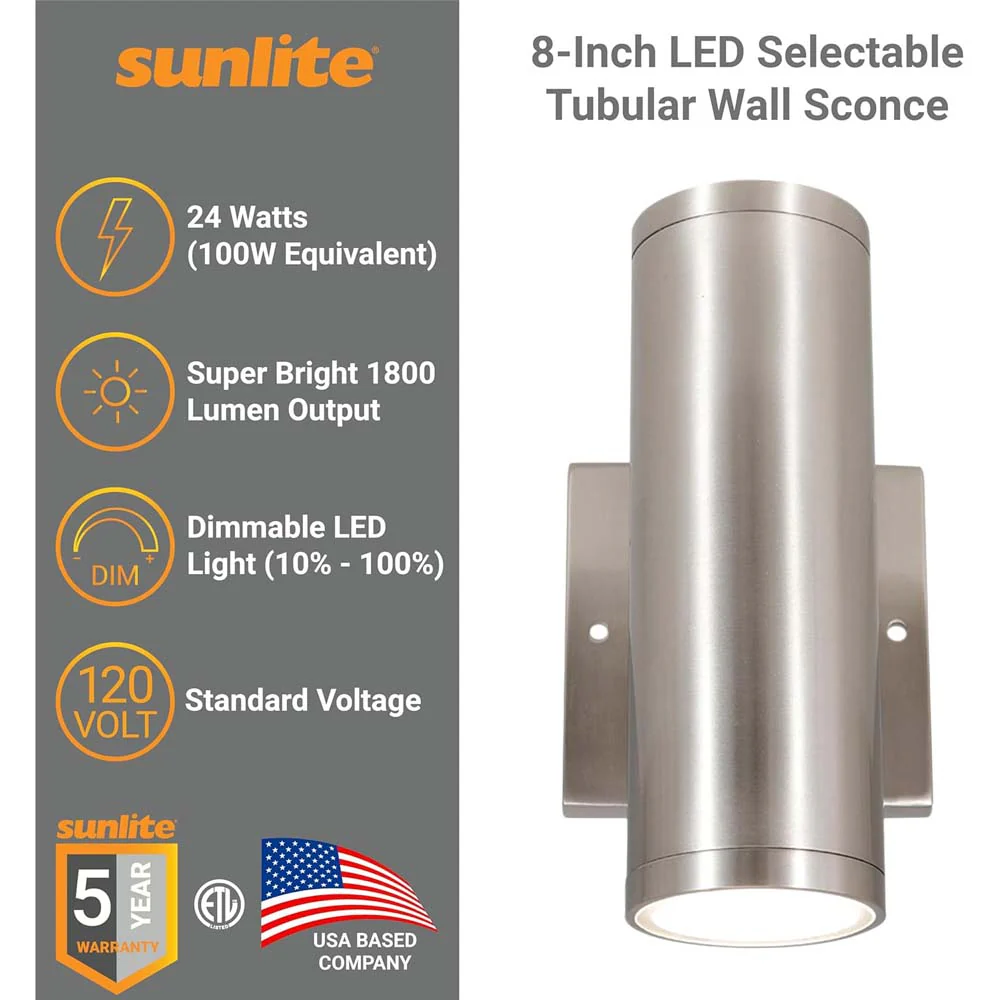 Sunlite 8-In 24w LED Tubular Outdoor Wall Sconce Fixture CCT Selectable Dimmable - Image 3