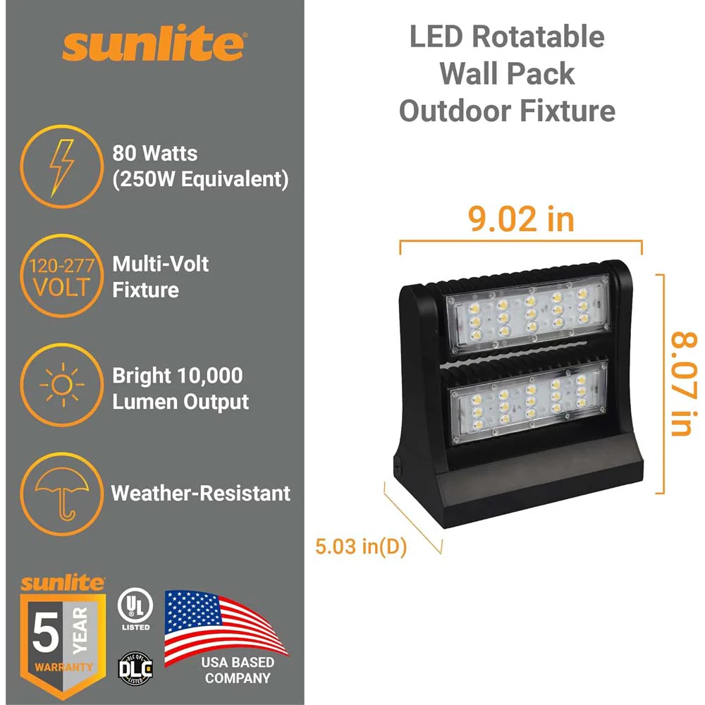 Sunlite 80w LED Rotatable Wall Pack Fixture Multi-Volt CCT Selectable Dimmable - Image 2