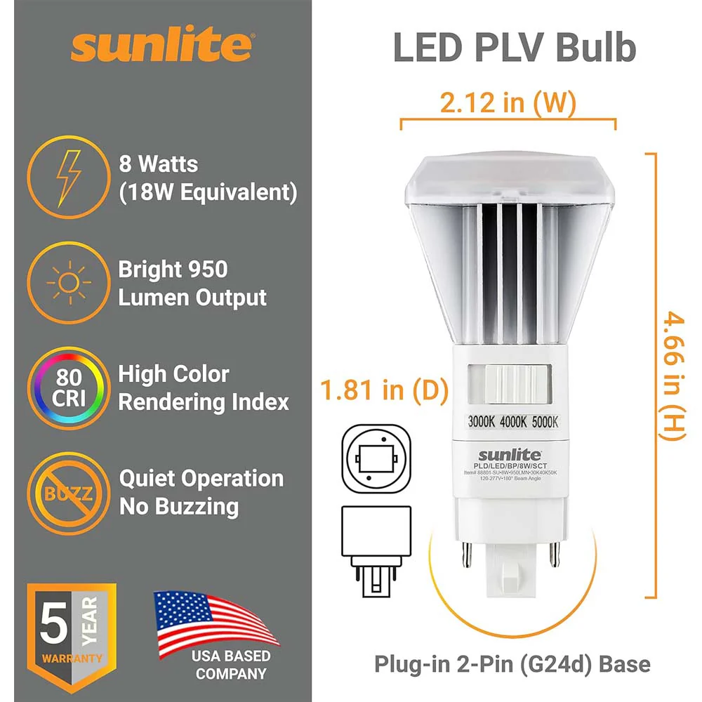 Sunlite 8w LED CCT PLV Recessed G24d Base CCT Tunable Bulb - Ballast Bypass - Image 2