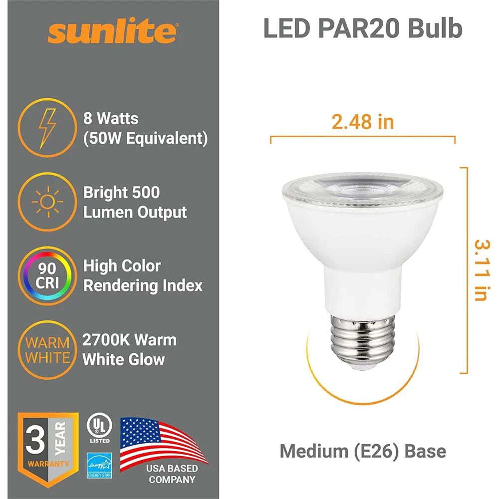 Sunlite 8w LED PAR20 E26 Base Dimmable 2700K Flood Bulb - 50W Equiv - Image 2