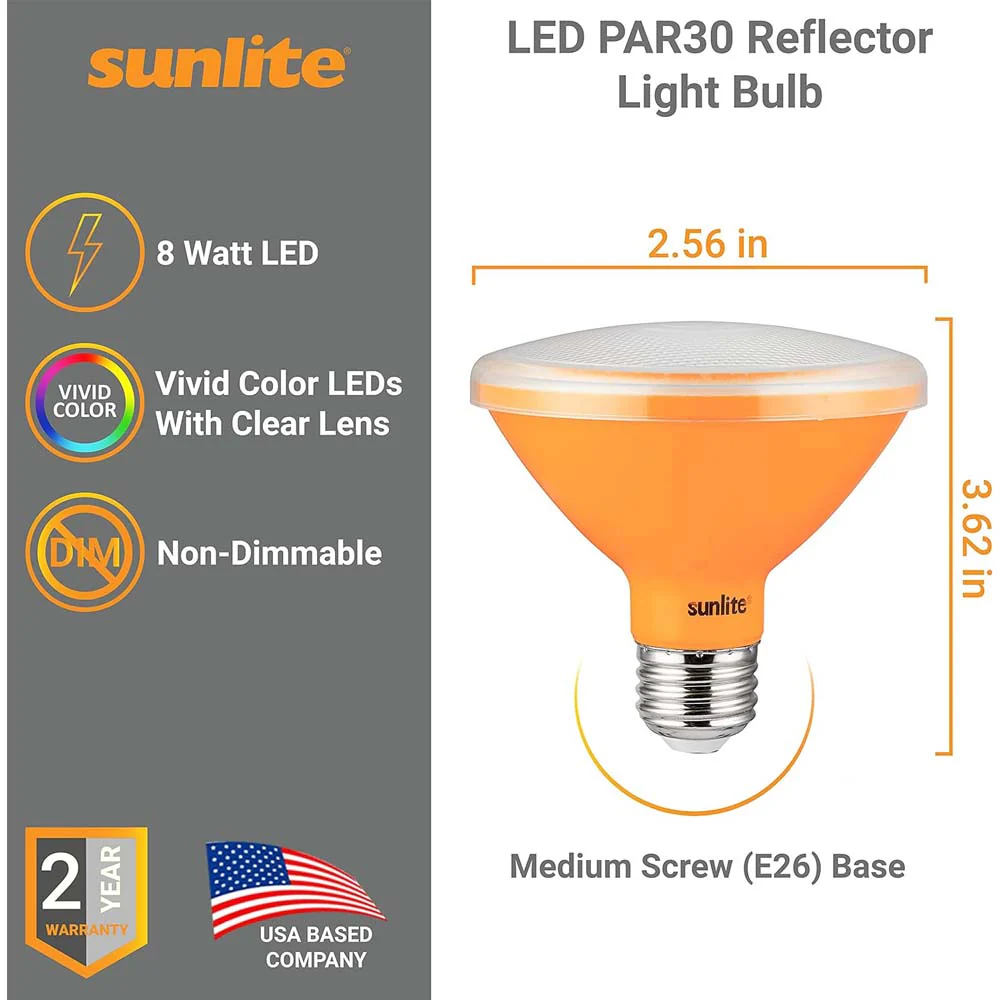 Sunlite 8w LED PAR30 Short Neck Amber Colored Floodlight Bulb - 75W Equiv - Image 2