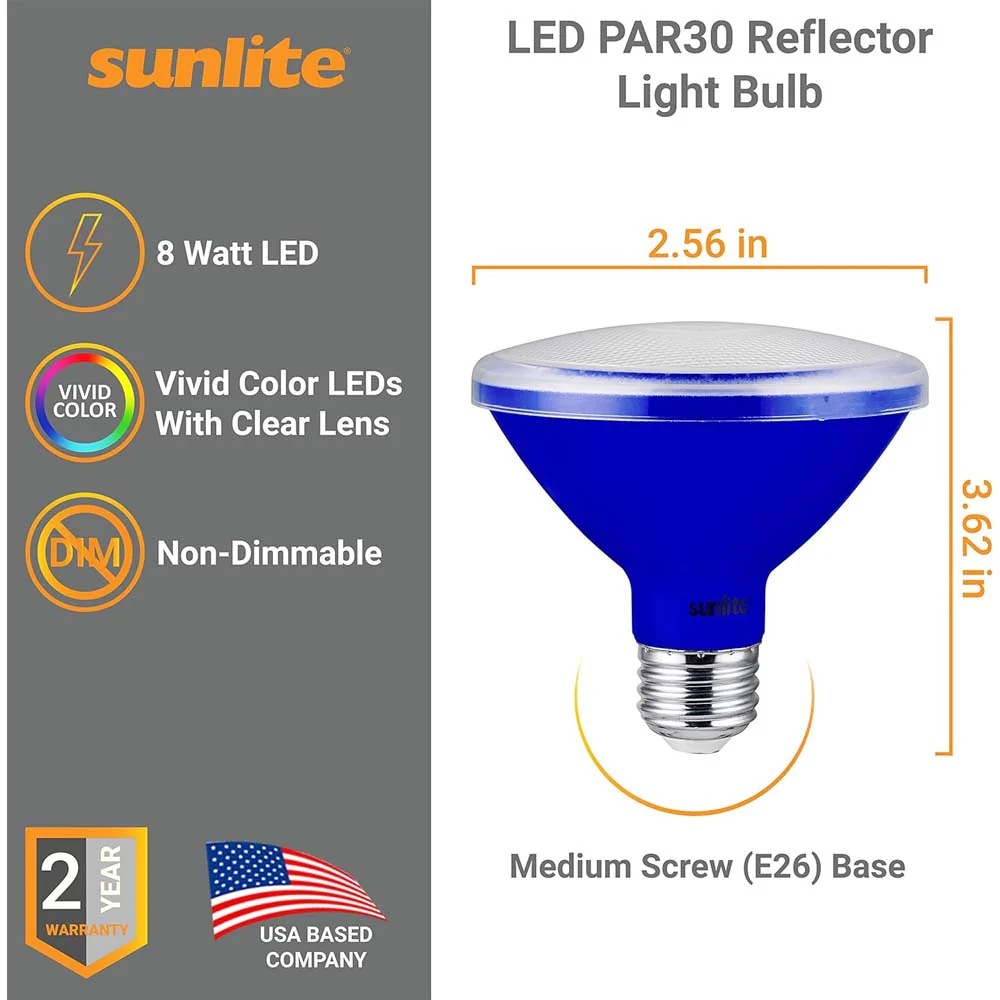 Sunlite 8w LED PAR30 Short Neck Blue Colored Floodlight Bulb - 75W Equiv - Image 2