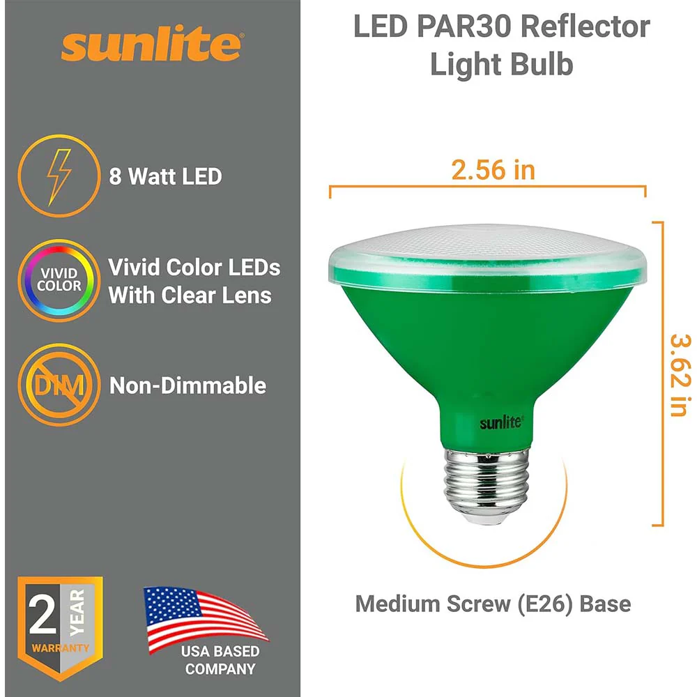 Sunlite 8w LED PAR30 Short Neck Green Colored Floodlight Bulb - 75W Equiv - Image 2