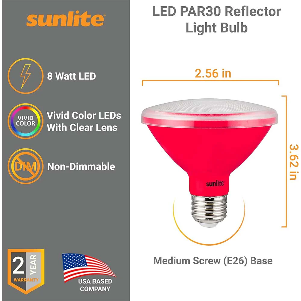 Sunlite 8w LED PAR30 Short Neck Red Colored Floodlight Bulb - 75W Equiv - Image 2