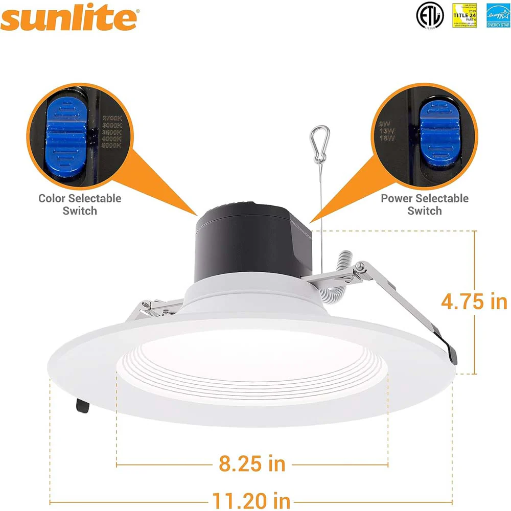 Sunlite 9.5-in LED Commercial Recessed Downlight CCT Wattage Selectable Fixture - Image 4