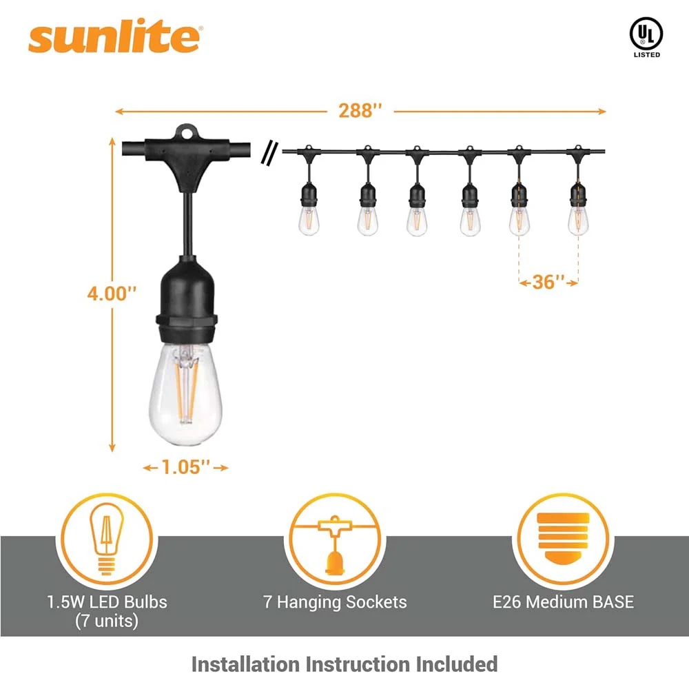 Sunlite 24ft 10.5W LED S14 Waterproof 7 Sockets 2700K Outdoor String Light Bulb - Image 2