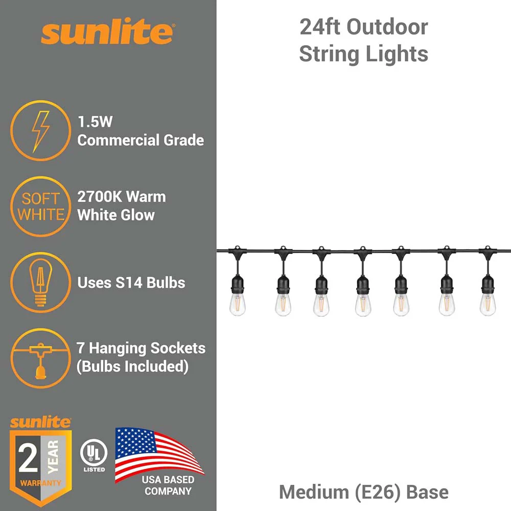 Sunlite 24ft 10.5W LED S14 Waterproof 7 Sockets 2700K Outdoor String Light Bulb - Image 3