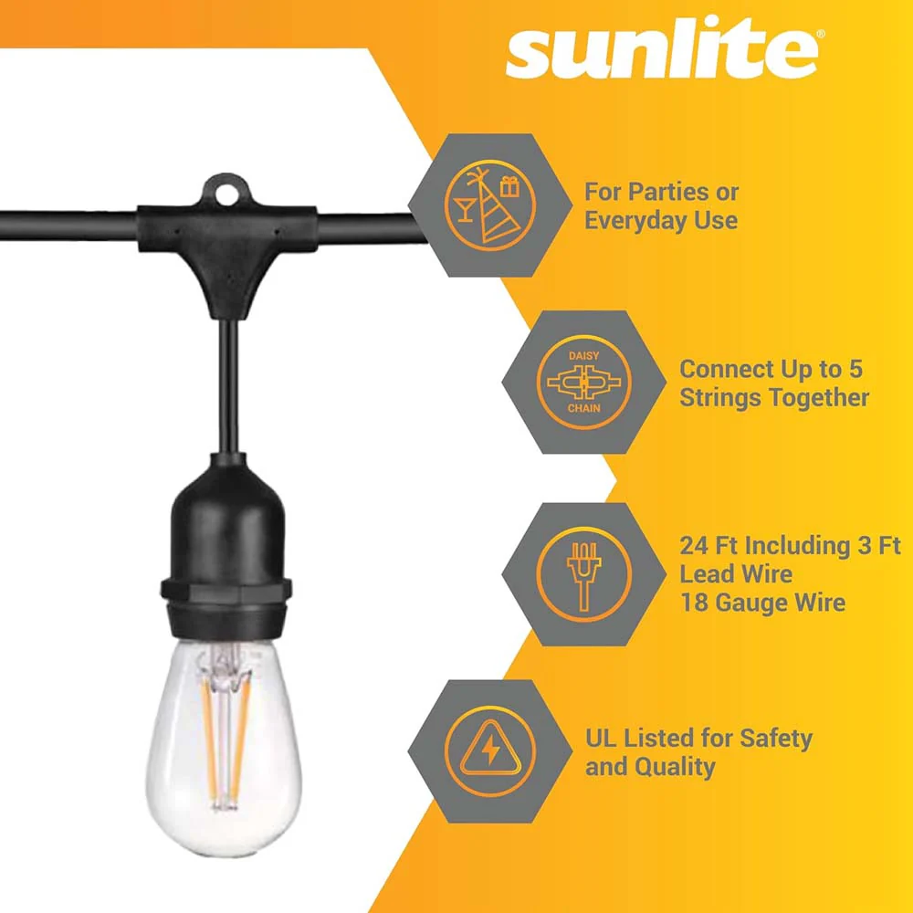 Sunlite 24ft 10.5W LED S14 Waterproof 7 Sockets 2700K Outdoor String Light Bulb - Image 4