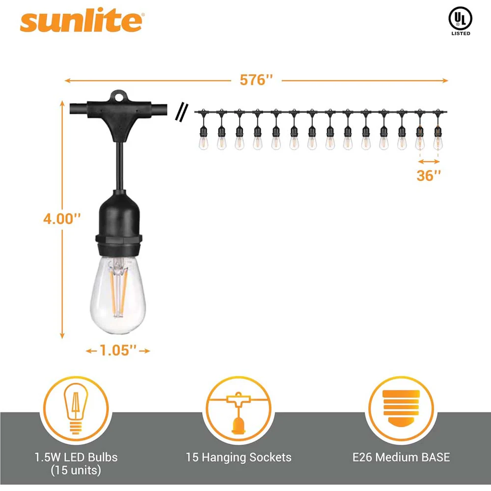 Sunlite 48ft 22.5W LED S14 Waterproof 15 Sockets 2700K Outdoor String Light Bulb - Image 2