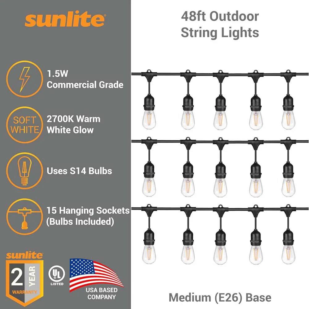 Sunlite 48ft 22.5W LED S14 Waterproof 15 Sockets 2700K Outdoor String Light Bulb - Image 3