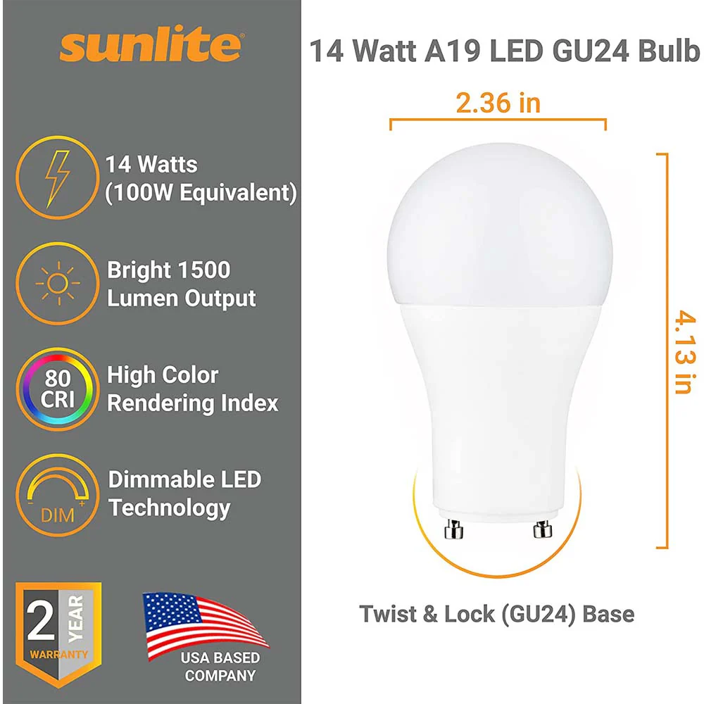 Sunlite LED A19 Light Bulb 14w GU24 Twist & Lock Base Dimmable 27K - Warm White - Image 2