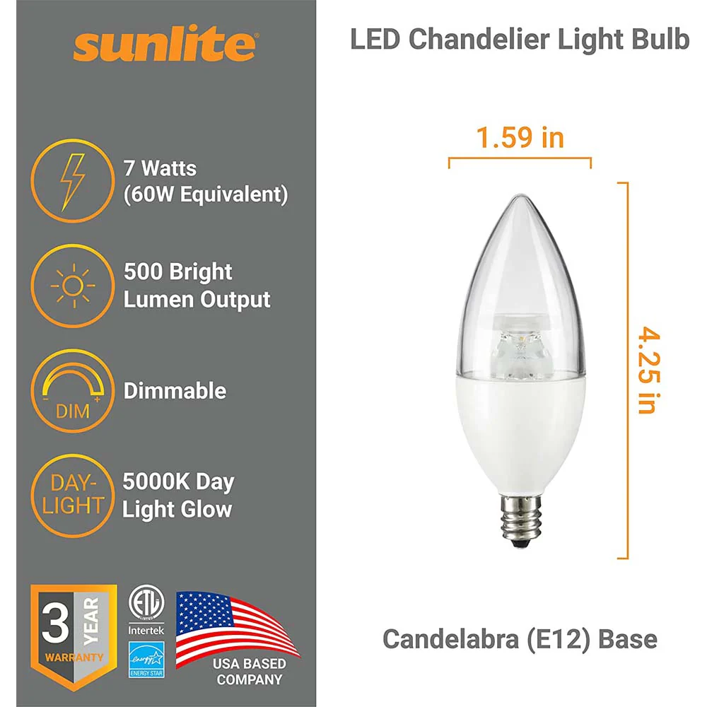 Sunlite LED B11 Clear Chandelier Light Bulb 7w 120v E12 Base 5000K - Daylight - Image 2