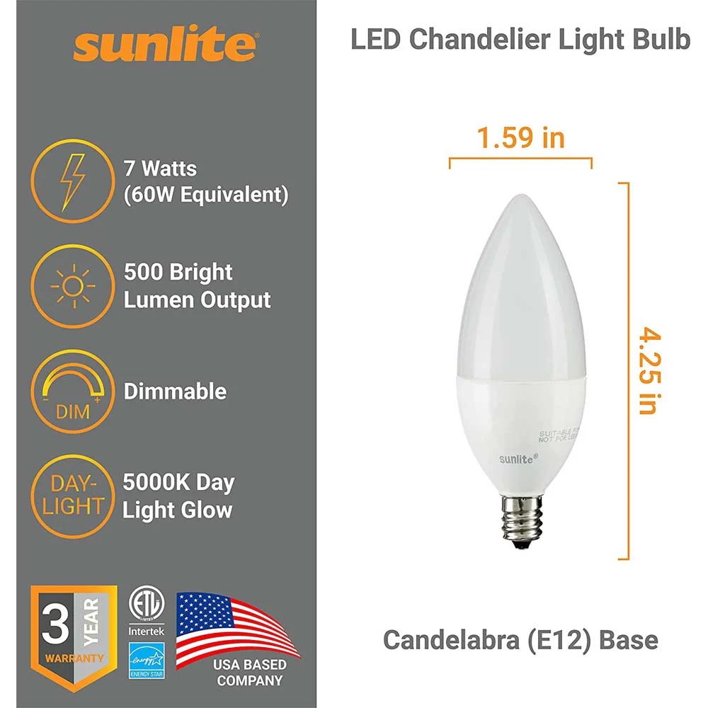 Sunlite LED B11 Frosted Chandelier Light Bulb 7w 120v E12 Base 5000K - Daylight - Image 2