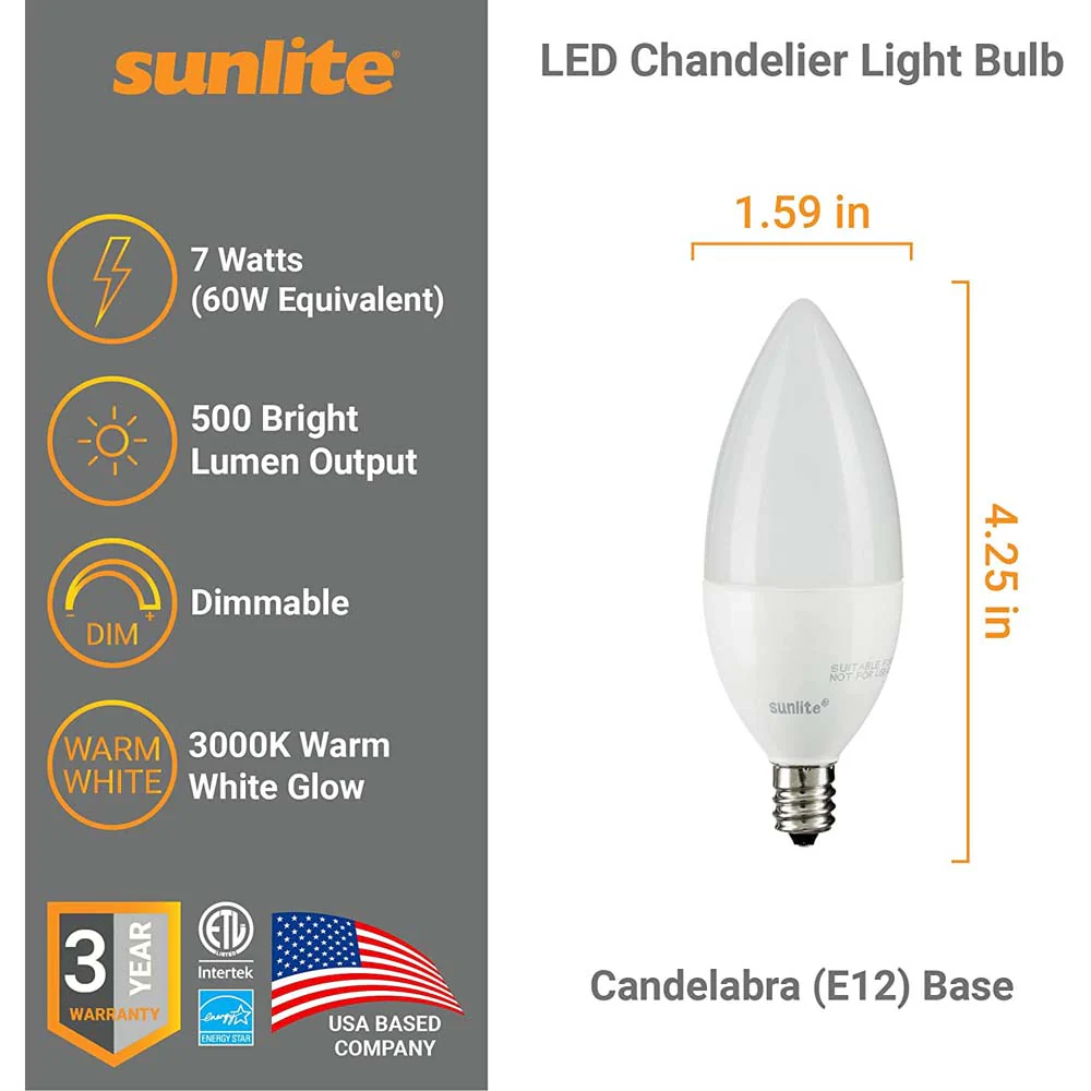 Sunlite LED B11 Frosted Chandelier Light Bulb 7w E12 Base 3000K - Warm White - Image 2