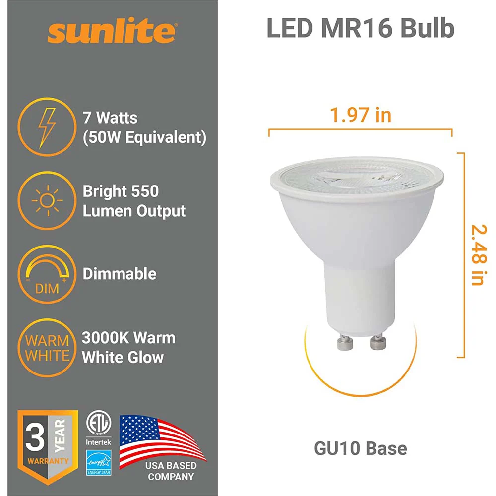 Sunlite LED MR16 Reflector Spotlight Bulb 7w 120v GU10 Base 3000K - Warm White - Image 2