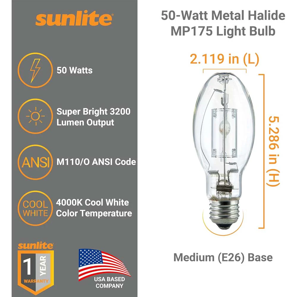 Sunlite MP50/U/MED/PS 50w Pulse Start Protected Metal Halide ED17 bulb - Image 2