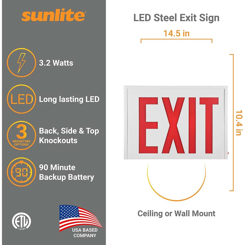 Sunlite Two Face LED Steel Exit Sign with Battery Power Back-Up 120-277V - Image 2