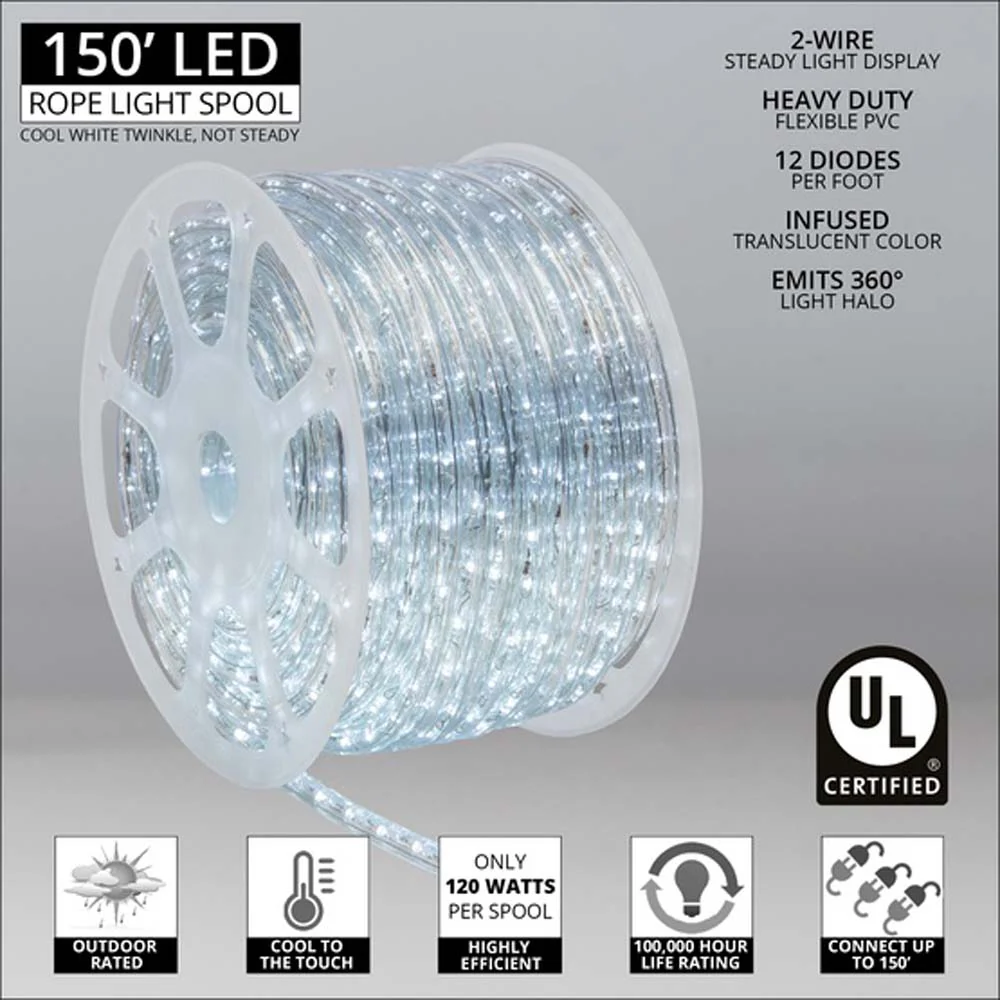 Wintergreen 150 ft Cool White Twinkle LED Rope Light 2-Wire - Image 2