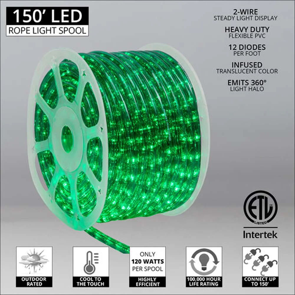 Wintergreen 150 ft Green LED Rope Light 2-Wire - Image 2