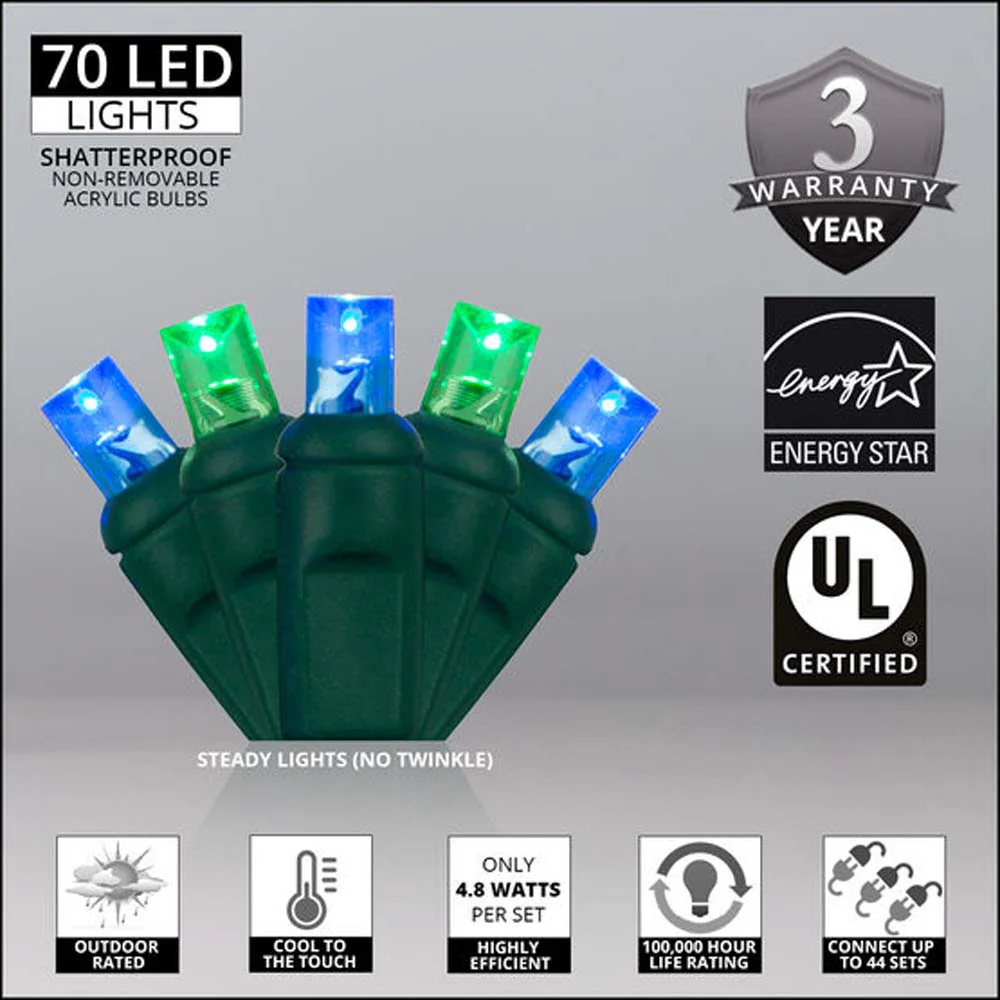 Wintergreen 70 5mm Blue Green LED Christmas Lights 4in. Spacing 120v - Image 2