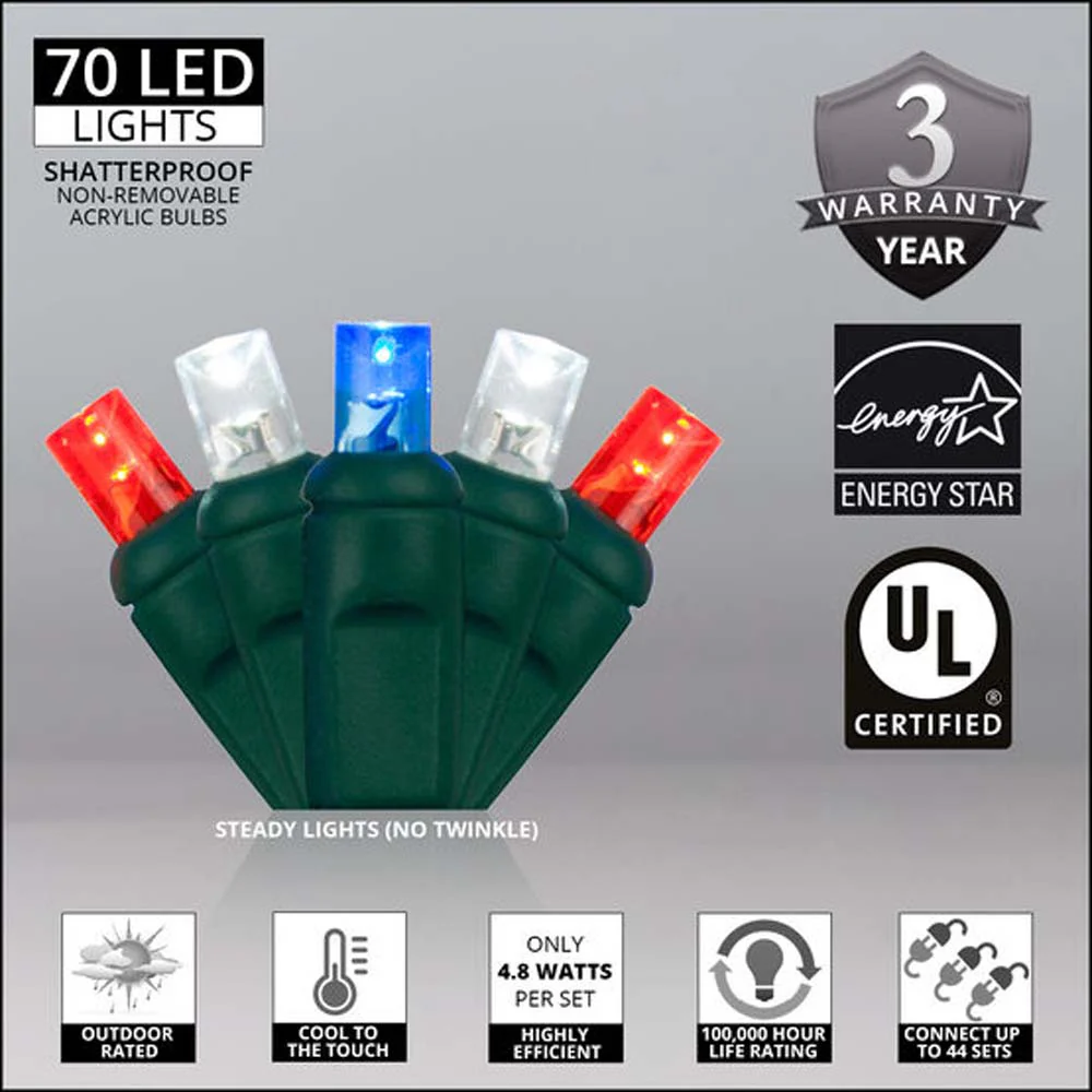 Wintergreen 70 5mm LED Patriotic Red White and Blue Lights 4in. Spacing 120v - Image 2