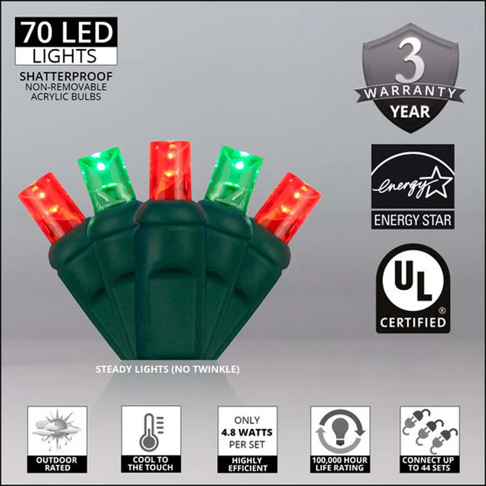 Wintergreen 70 5mm Red Green LED Christmas Lights 4in. Spacing 120v - Image 2